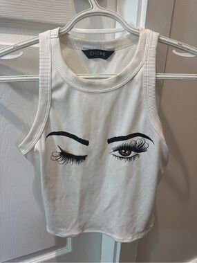 chic White Ribbed Graphic Crop Tank Top - Winking Eye Print